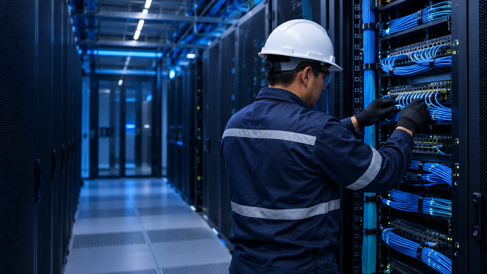Técnico especializado instalando cableado en un centro de datos moderno